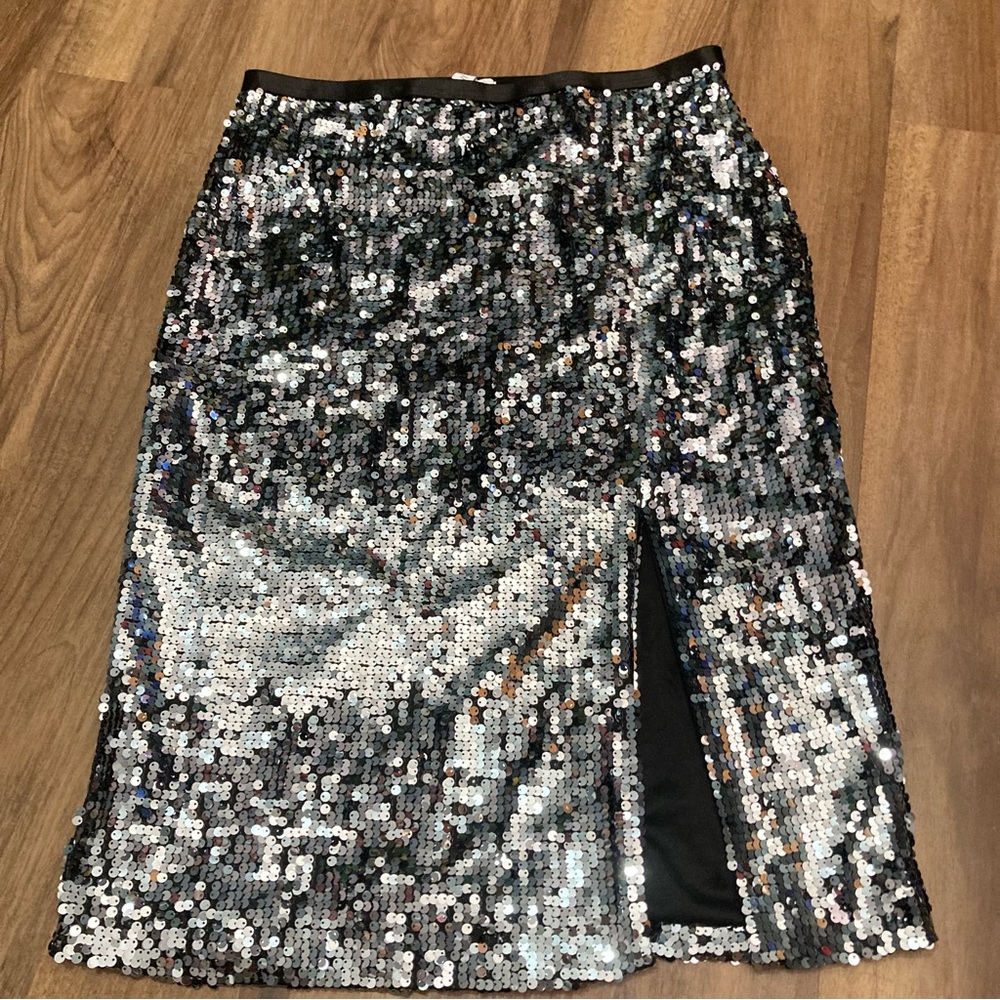 Nine West Sequin Pencil Skirt with Front Slit - Silver Party